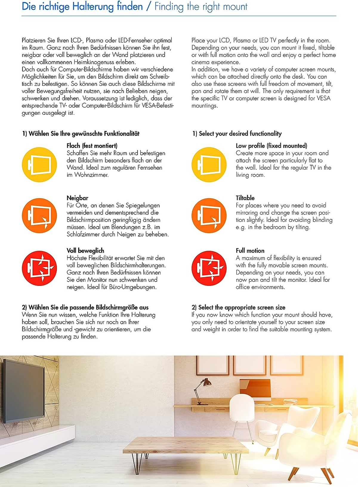 Schemat pokazujący różne opcje montażu telewizora i pokój z telewizorem na drewnianym stole.