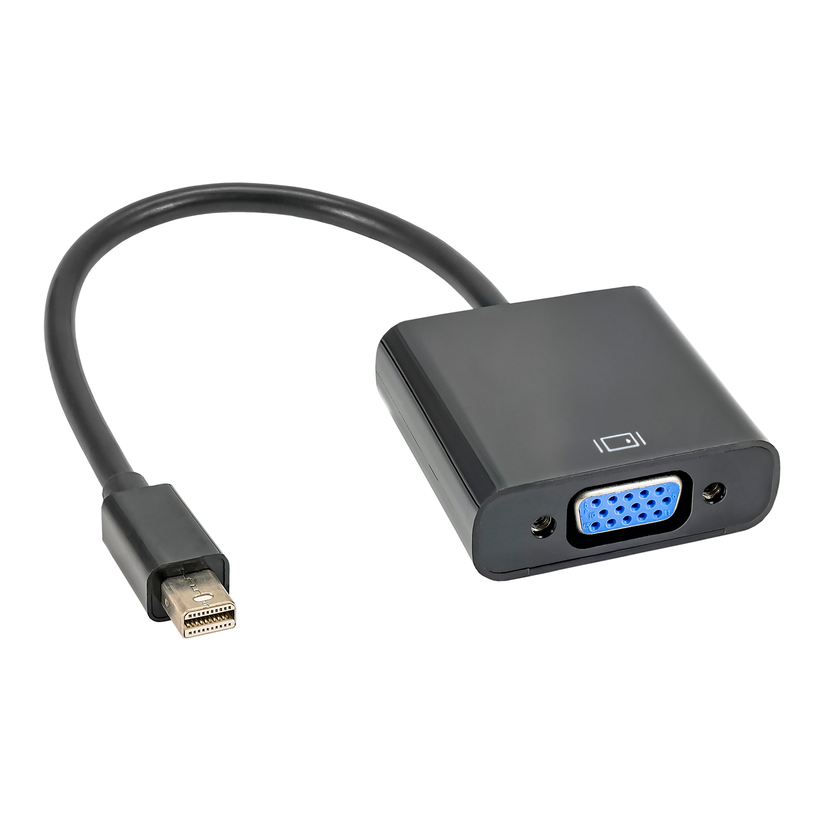 Czarny adapter ze złączami mini DisplayPort i VGA na białym tle.