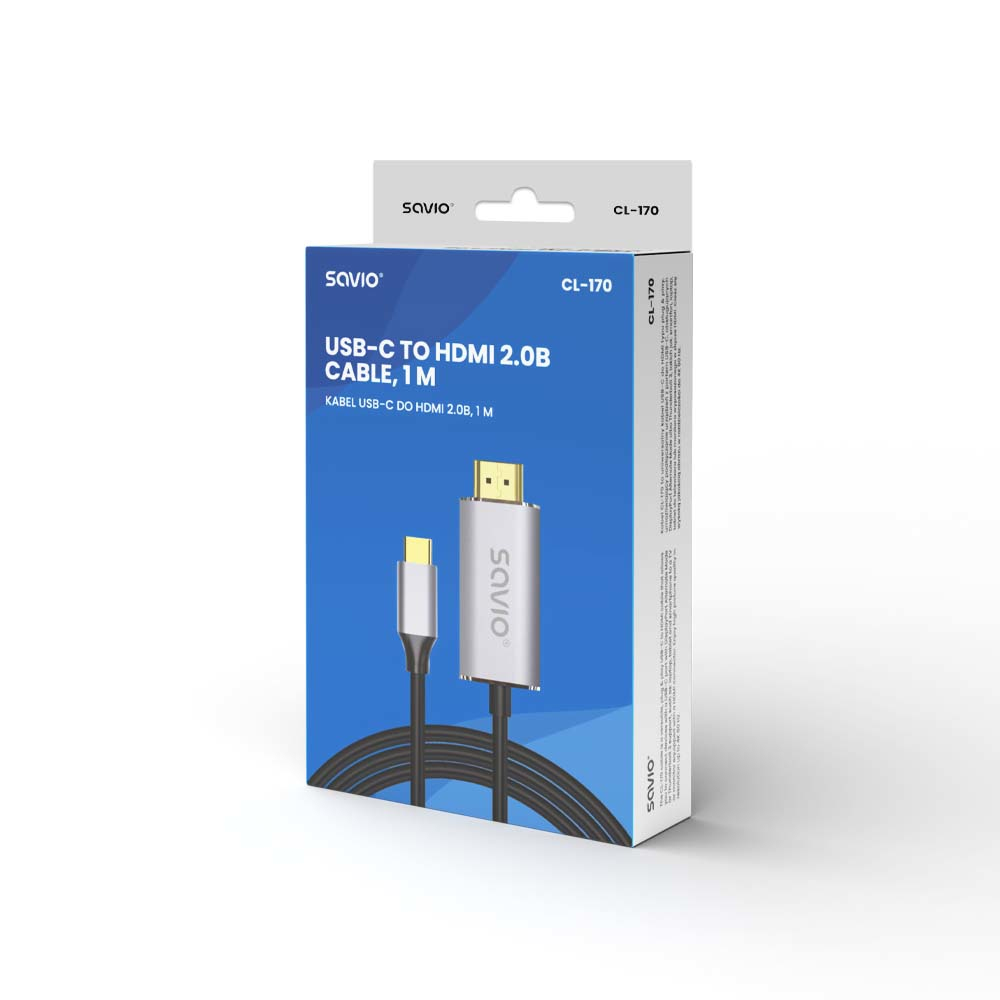 Kabel USB-C do HDMI w pudełku, biały kabel i etykieta produktu na pudełku.