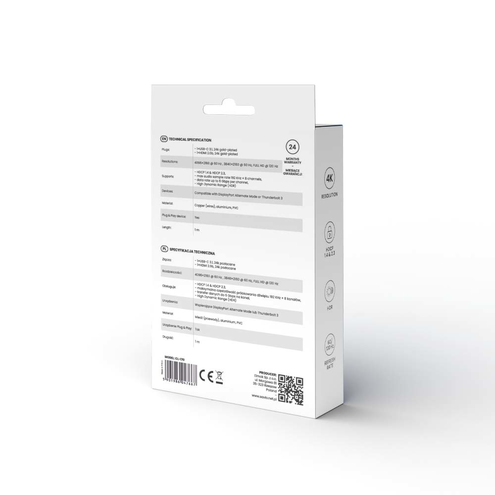 Pudełko produktu ze specyfikacją techniczną, w tym rozdzielczością 4K i 24-miesięczną gwarancją.