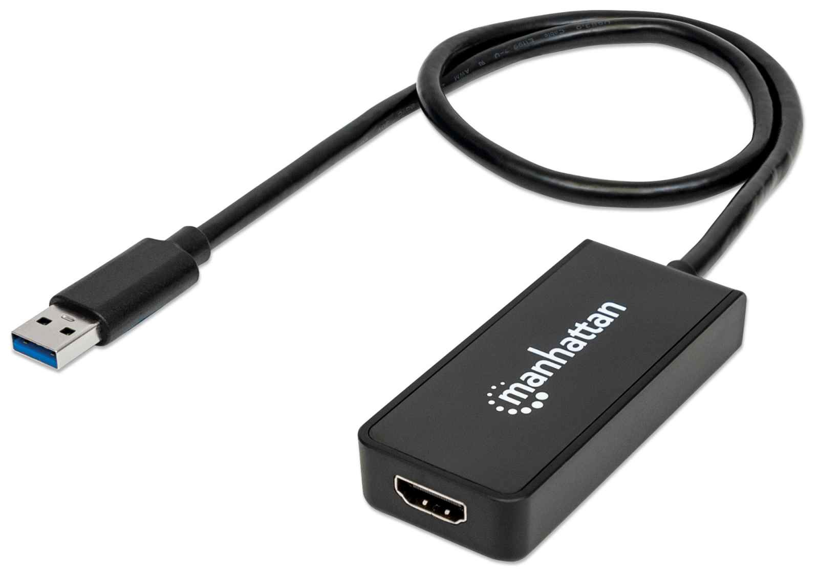 Un adaptador USB a HDMI Manhattan negro con un conector USB y cable negro.