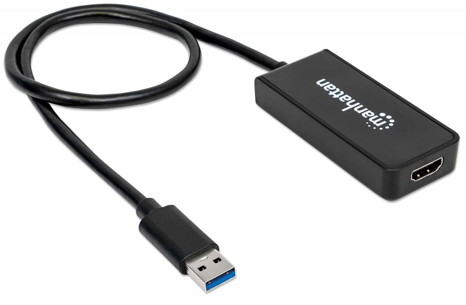 Adaptador USB a HDMI negro con cable USB y HDMI.