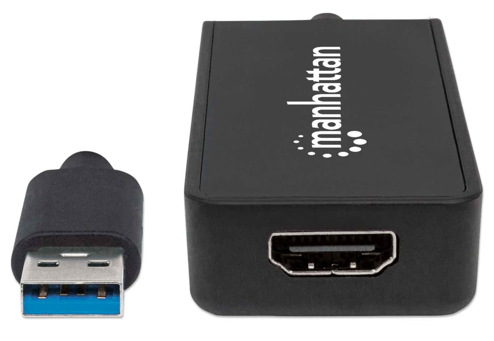 Un adaptador HDMI Manhattan negro con un cable USB adjunto.