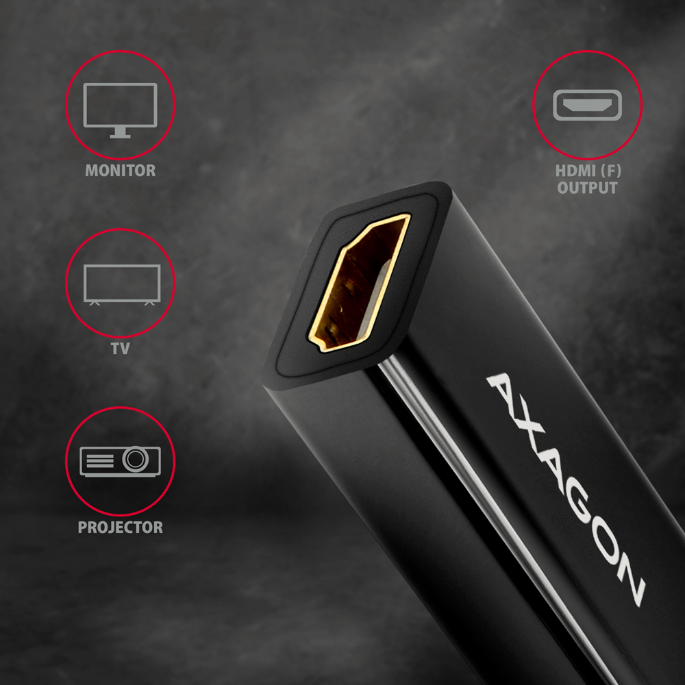 Czarny adapter z portem HDMI. Tekst Axagon. Szare tło z ikonami.