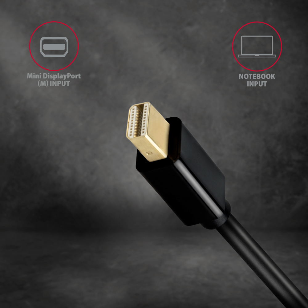 Złącze Mini DisplayPort z mini-DP i czarnym kablem. Szare tło.