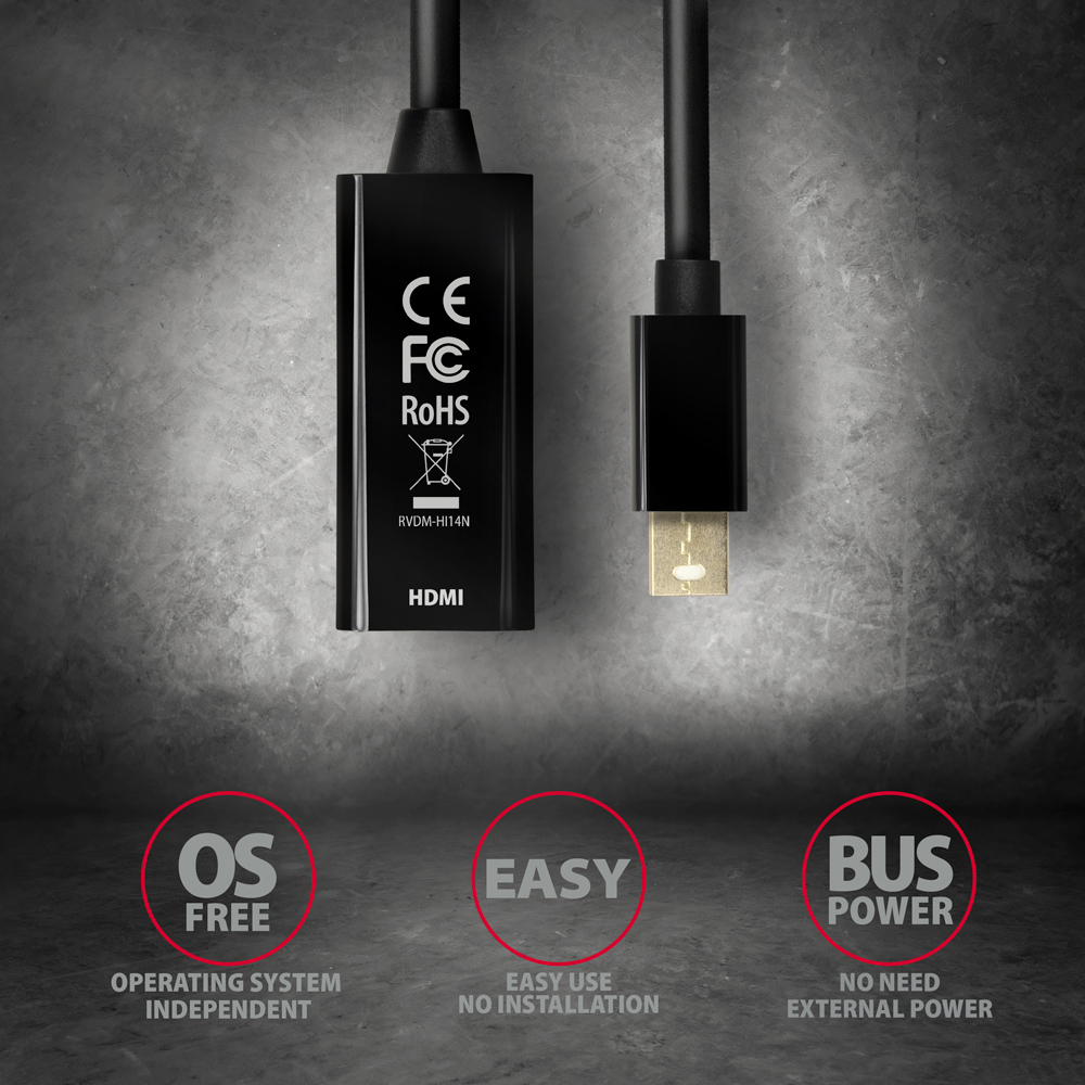Czarny adapter HDMI do USB-C z ikonami OS Free, Easy, Bus Power.