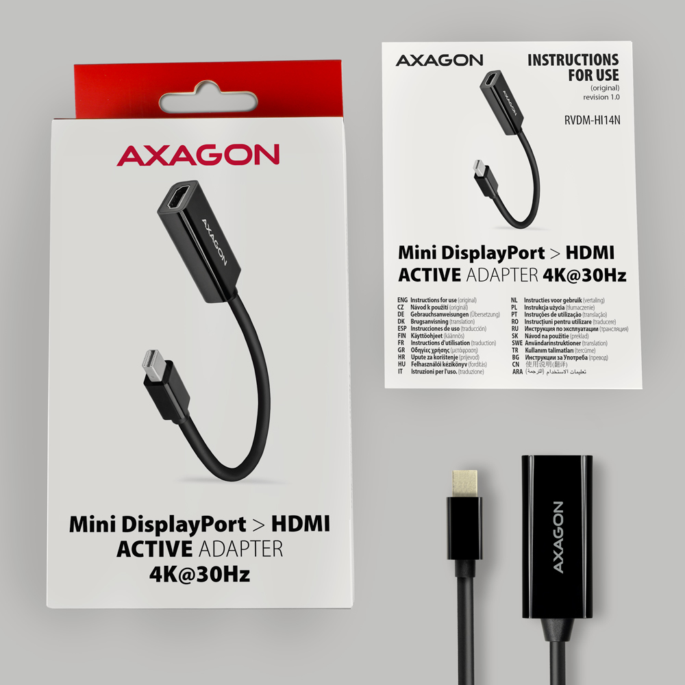 Pudełko z adapterem i instrukcjami. Tekst: Axagon, Mini DisplayPort, HDMI. Białe tło.