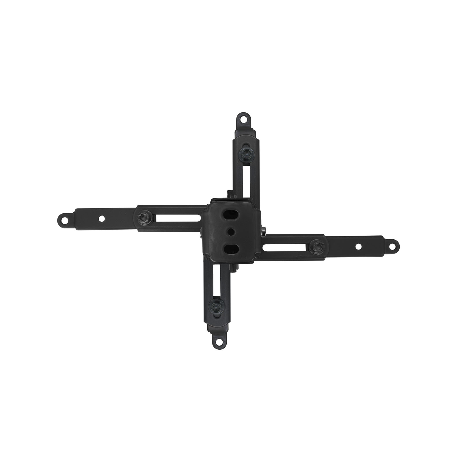 Czarny uchwyt do projektora. Metalowy, z regulowanymi ramionami z centralnego punktu.