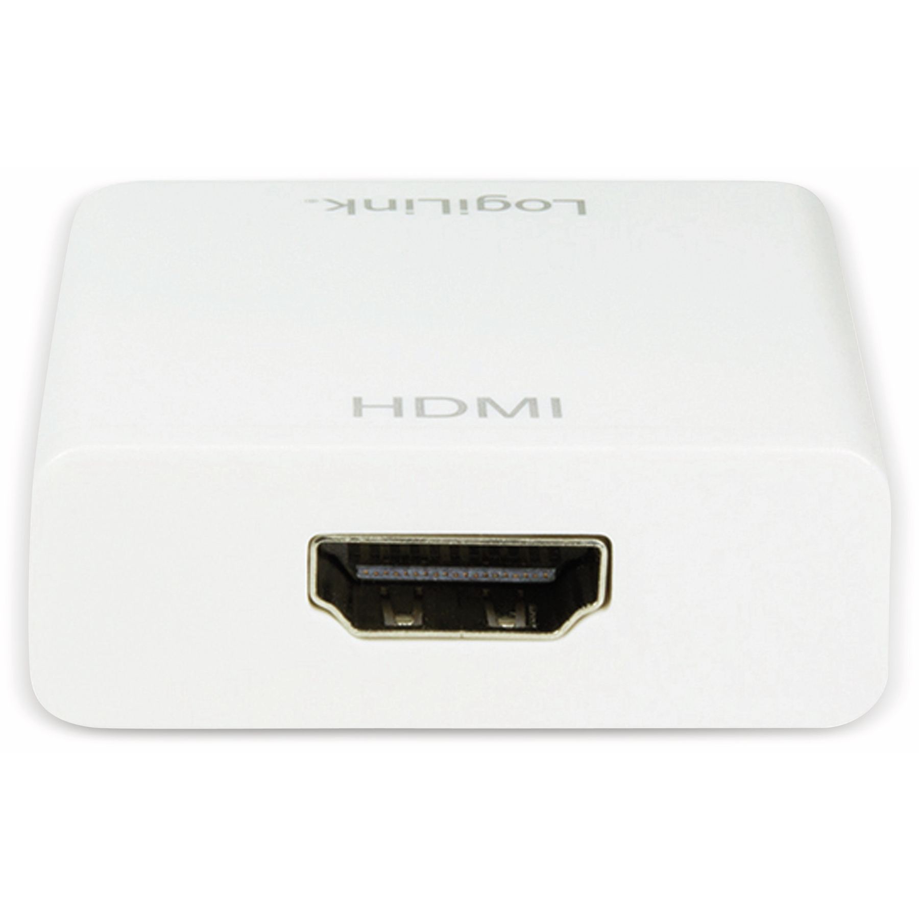 Biały adapter HDMI z logo LogiLink. Złącze HDMI na dole. Białe tło.