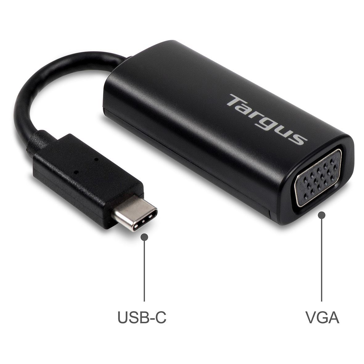 Un adaptador Targus negro con conectores USB-C y VGA. Fondo blanco.