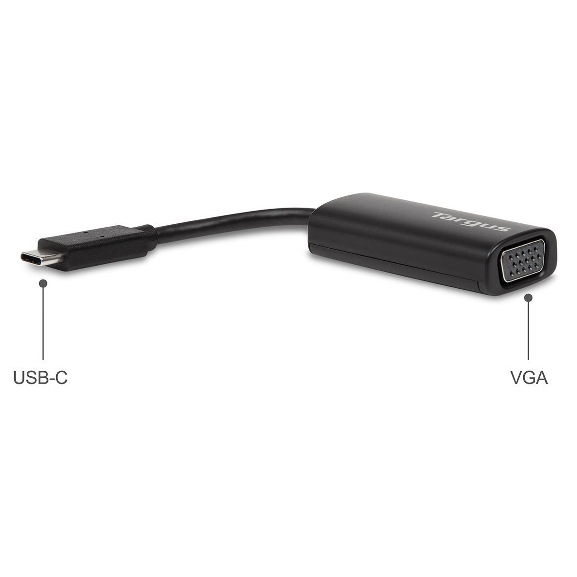Adaptador Targus negro. Tiene entrada USB-C y salida VGA, con etiquetas.
