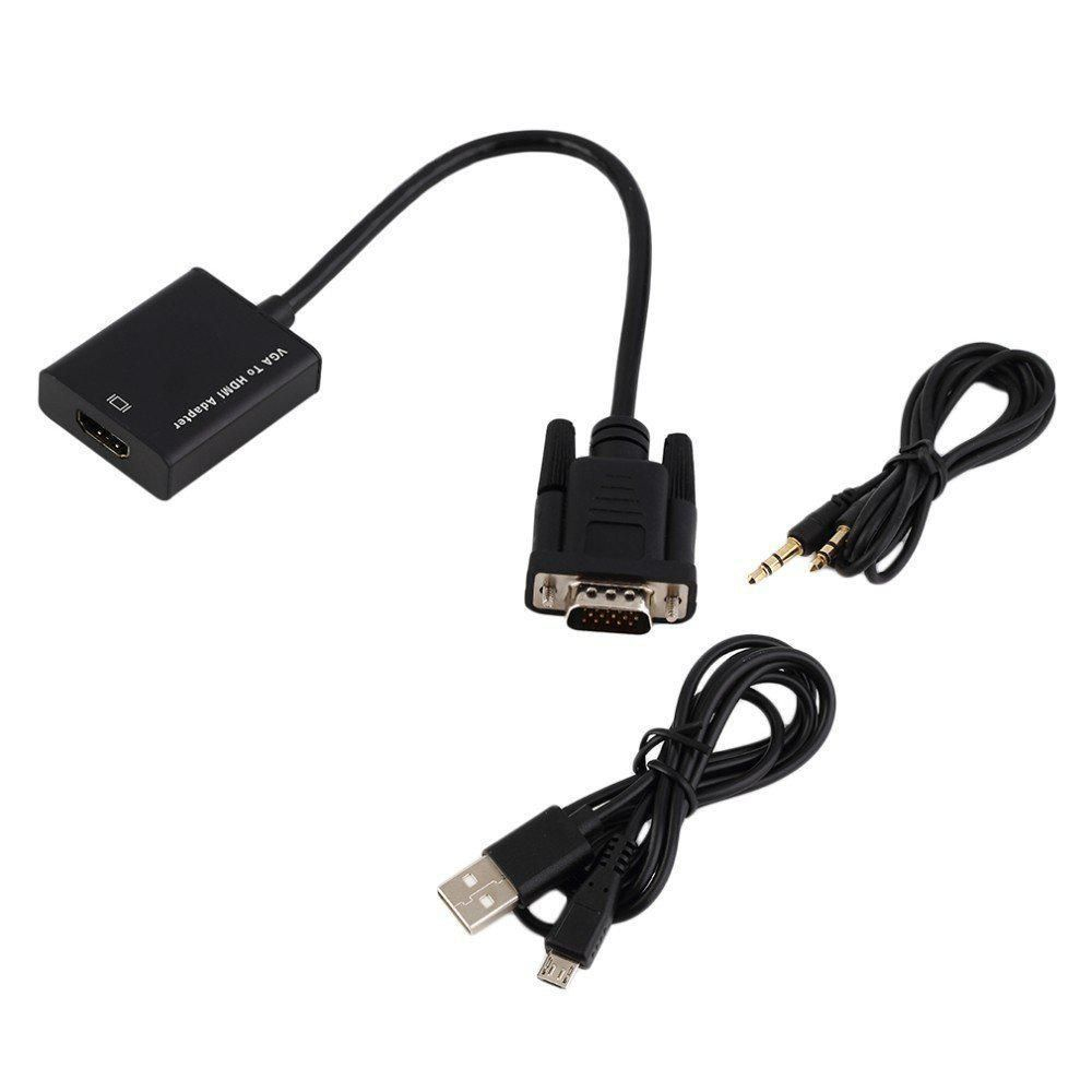 Adaptadores con conectores USB, VGA y de audio. Fondo blanco.
