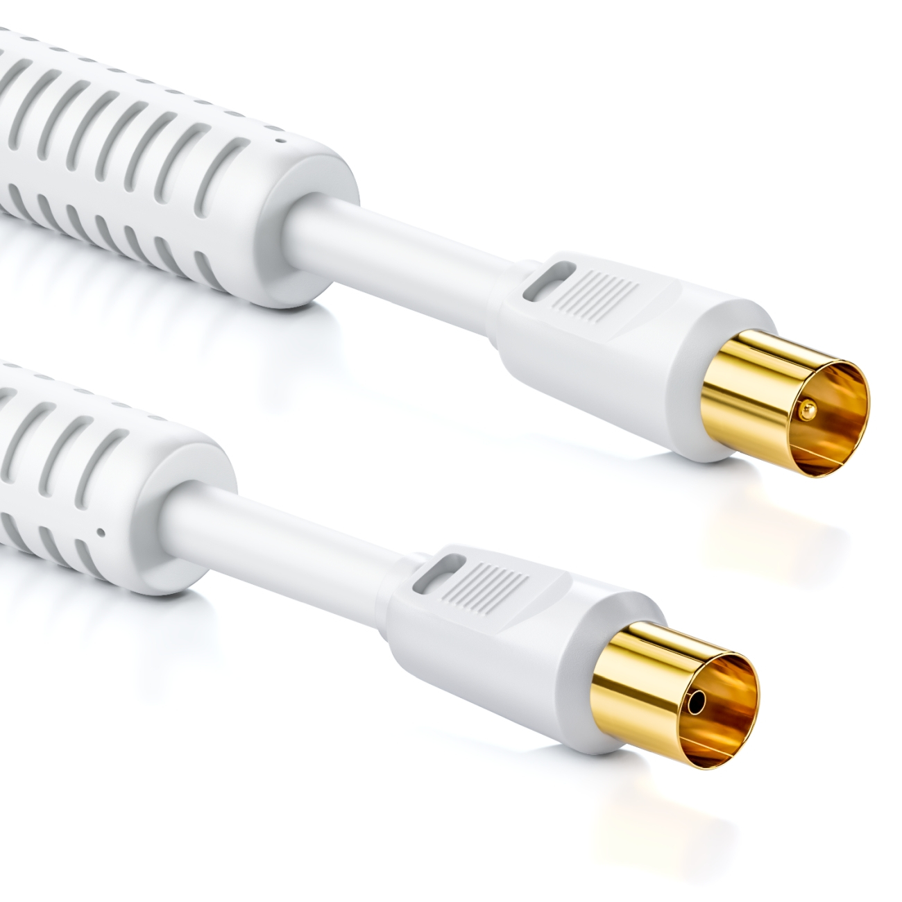 Dos cables coaxiales blancos con conectores dorados.