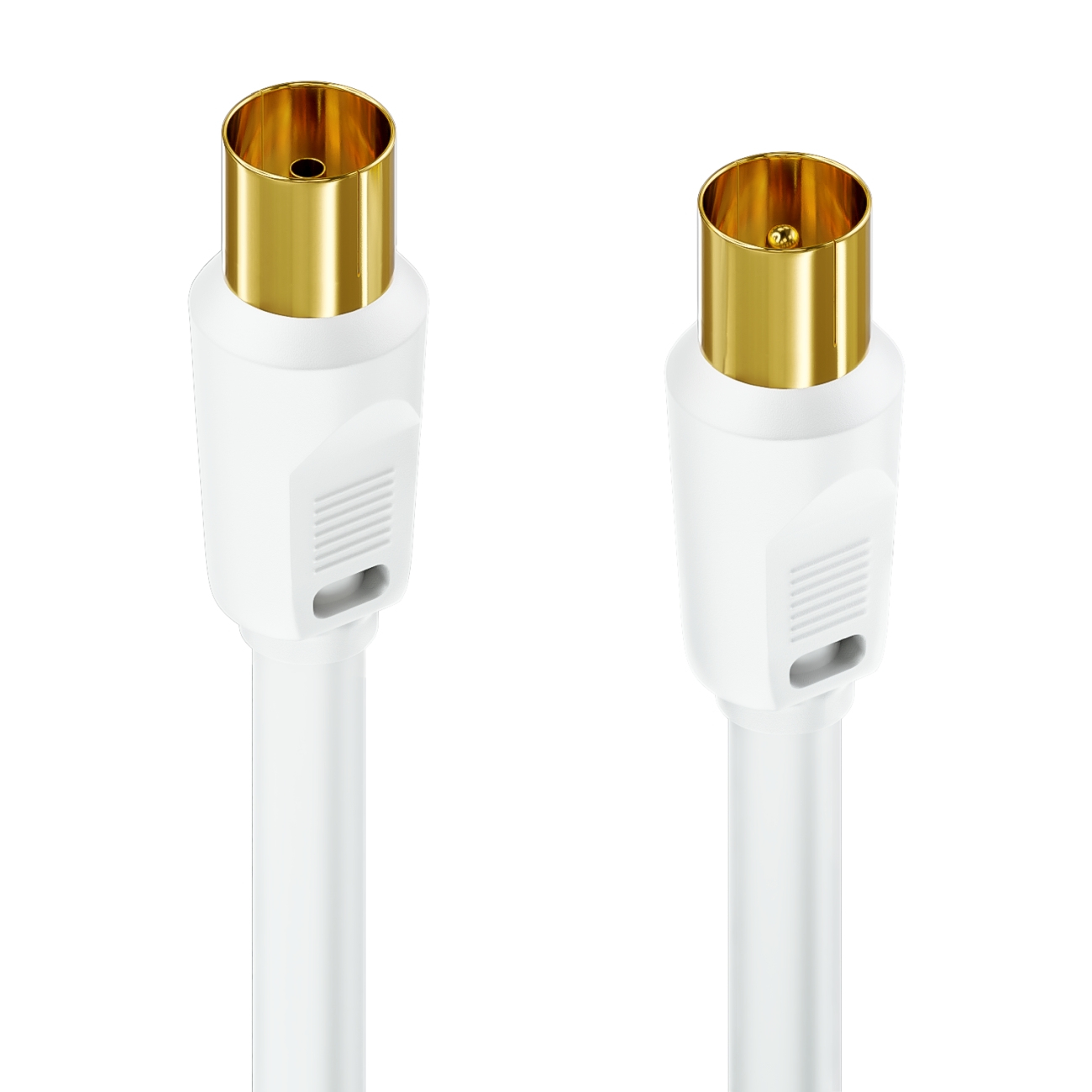 Dos cables coaxiales blancos con conectores dorados. Fondo blanco.