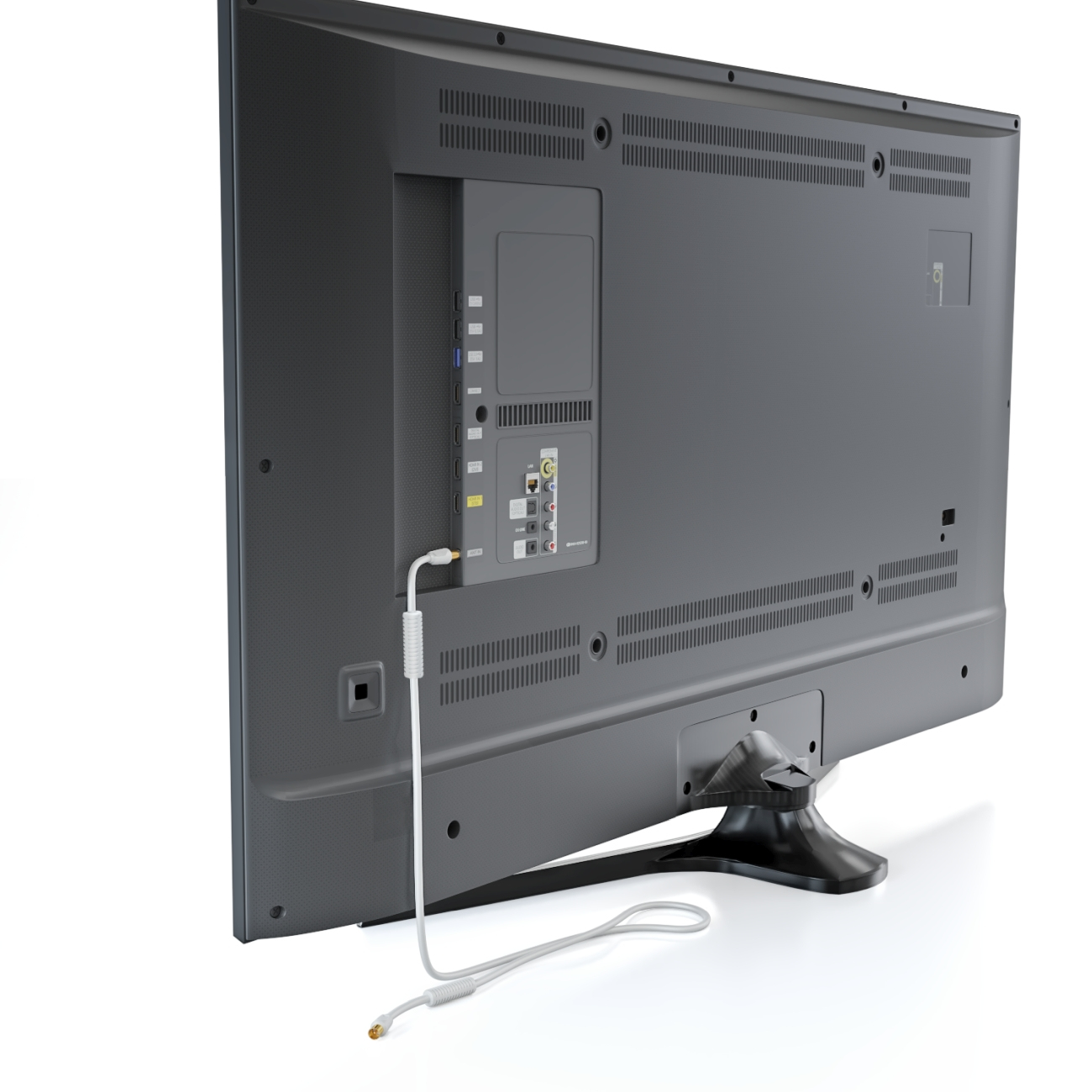 Parte trasera de un televisor Samsung negro con varios puertos. Un cable blanco está enchufado. Fondo blanco.