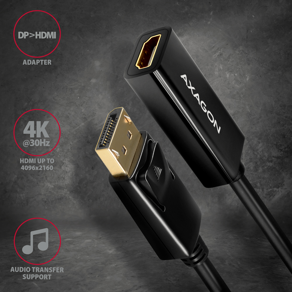 Czarny adapter DP na HDMI z tekstem i ikonami, na szarym tle.
