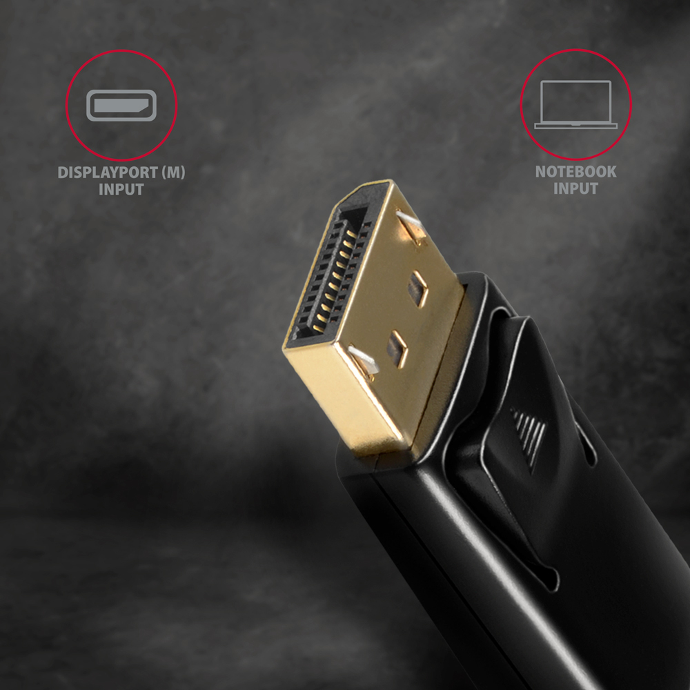 Złącze DisplayPort ze złotymi stykami i czarnym kablem. Tekst w pobliżu złącza pokazuje wejścia.