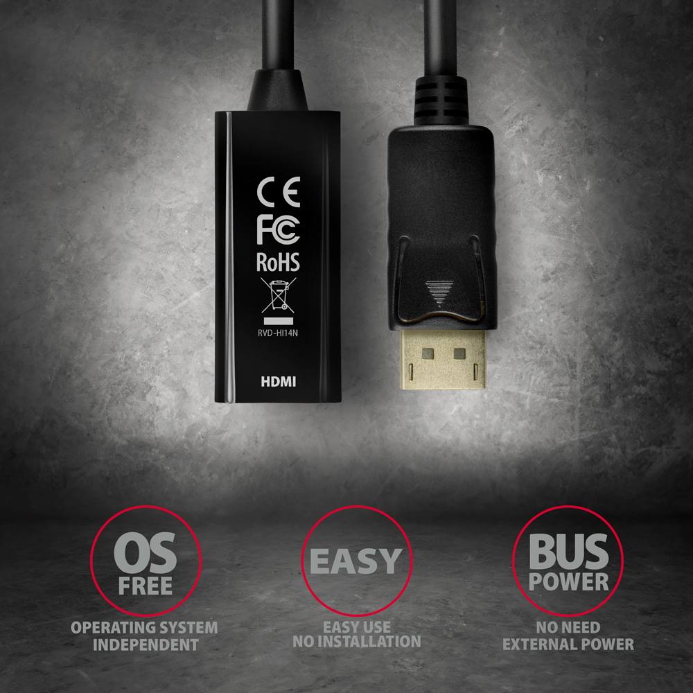 Dwa czarne adaptery HDMI do DisplayPort. Trzy teksty wskazują na bezproblemowe działanie, łatwe użytkowanie i zasilanie z magistrali.