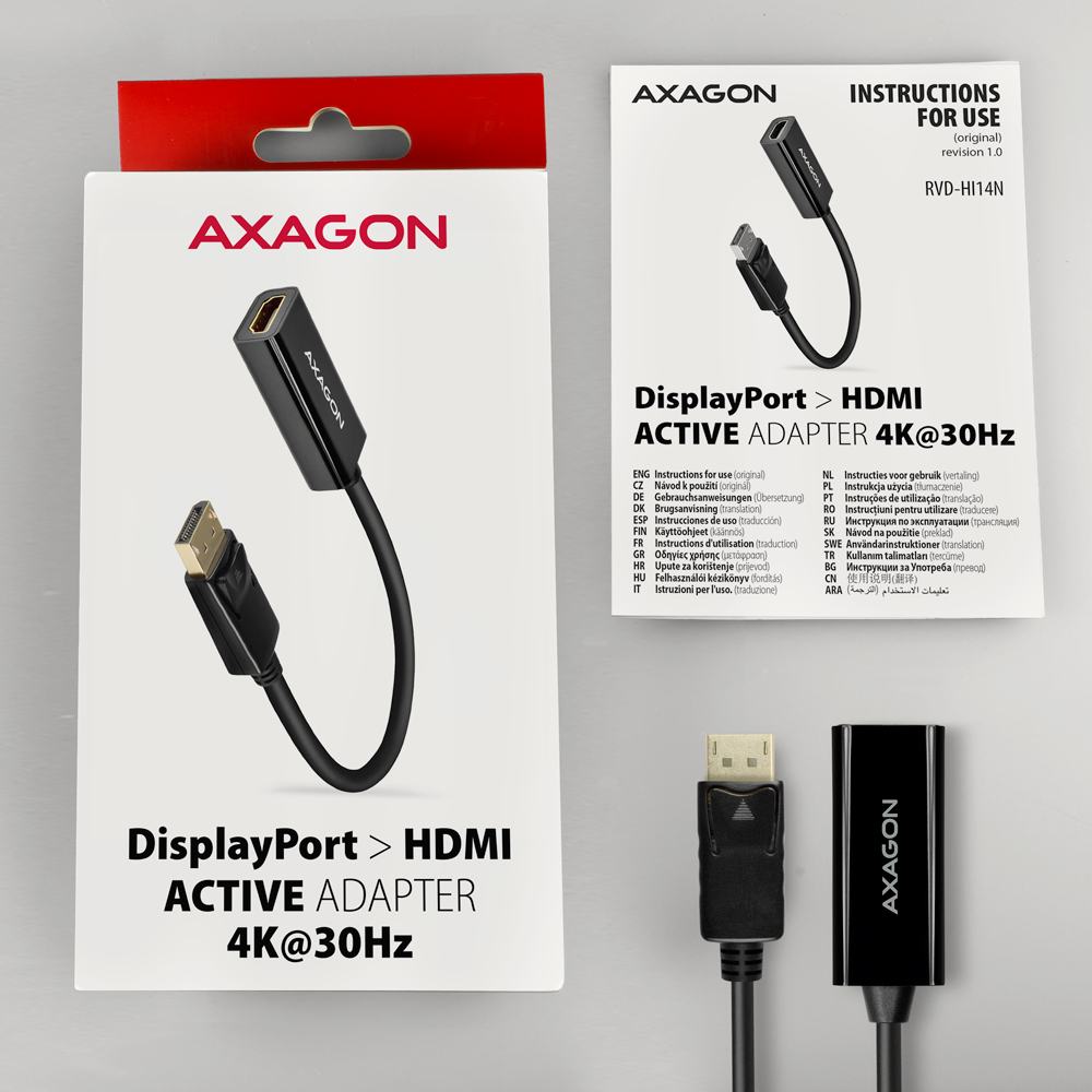 Biało-czarne pudełko i kabel adaptera Axagon. Zawiera instrukcje i sam adapter.
