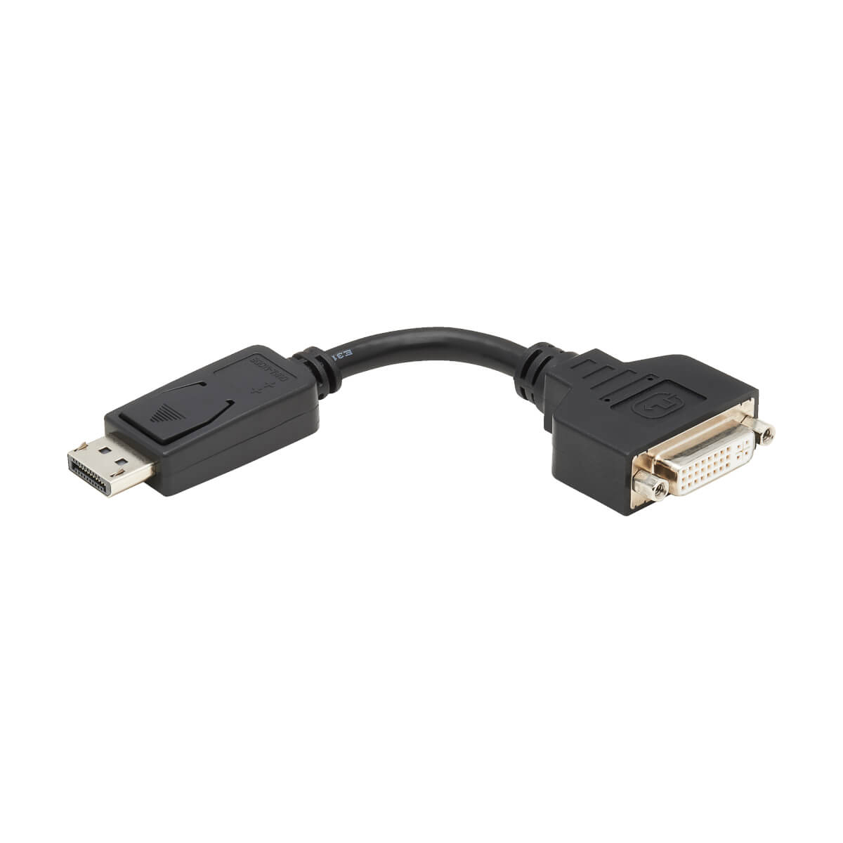 Czarny kabel adaptera DisplayPort do DVI na białym tle.
