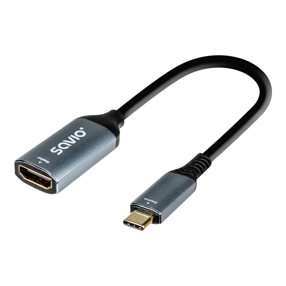 Szary i czarny kabel adaptera HDMI na USB-C na białej powierzchni.