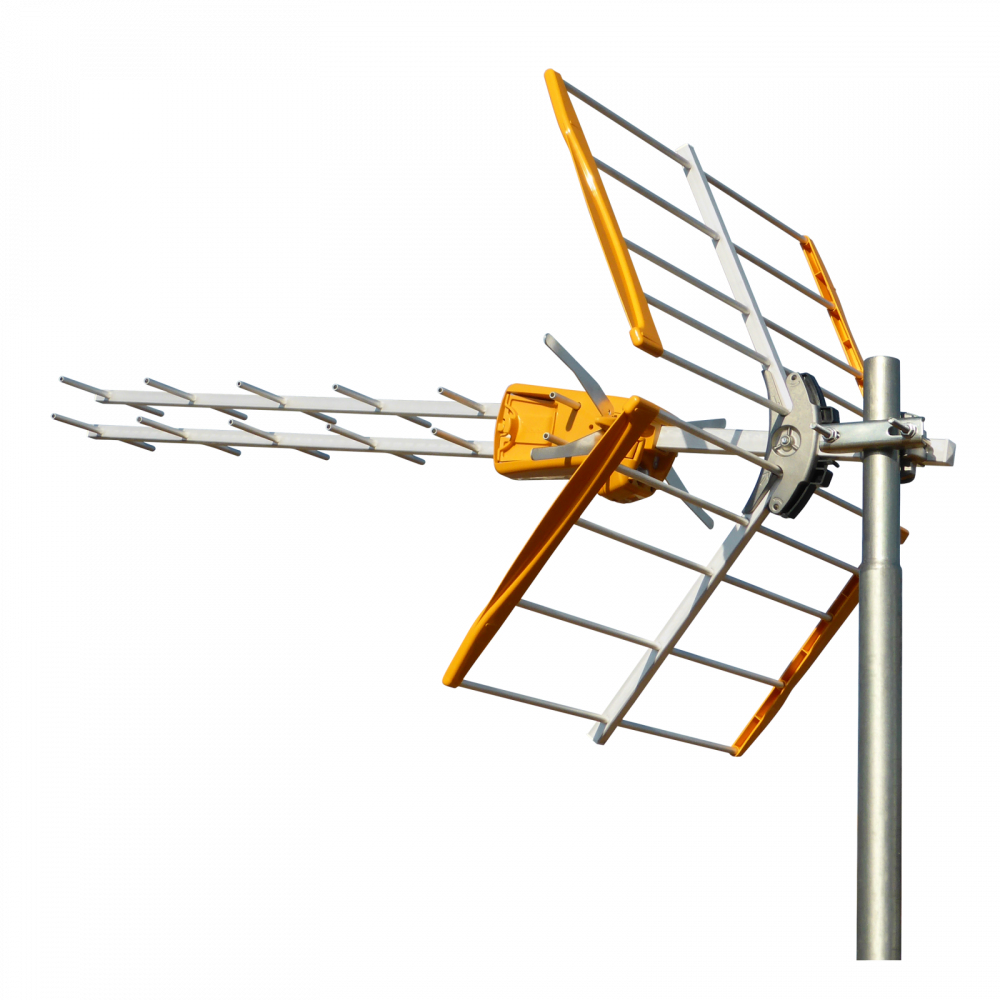 Antenna TV, palo metallico, griglie bianche e gialle, isolate su sfondo bianco.