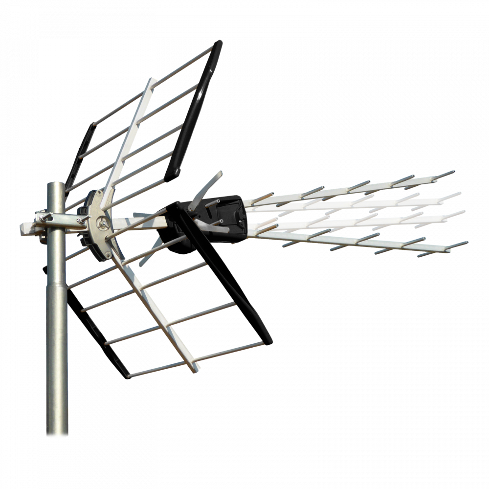 Antenna TV, palo metallico, griglie bianche e nere, isolate su sfondo bianco.