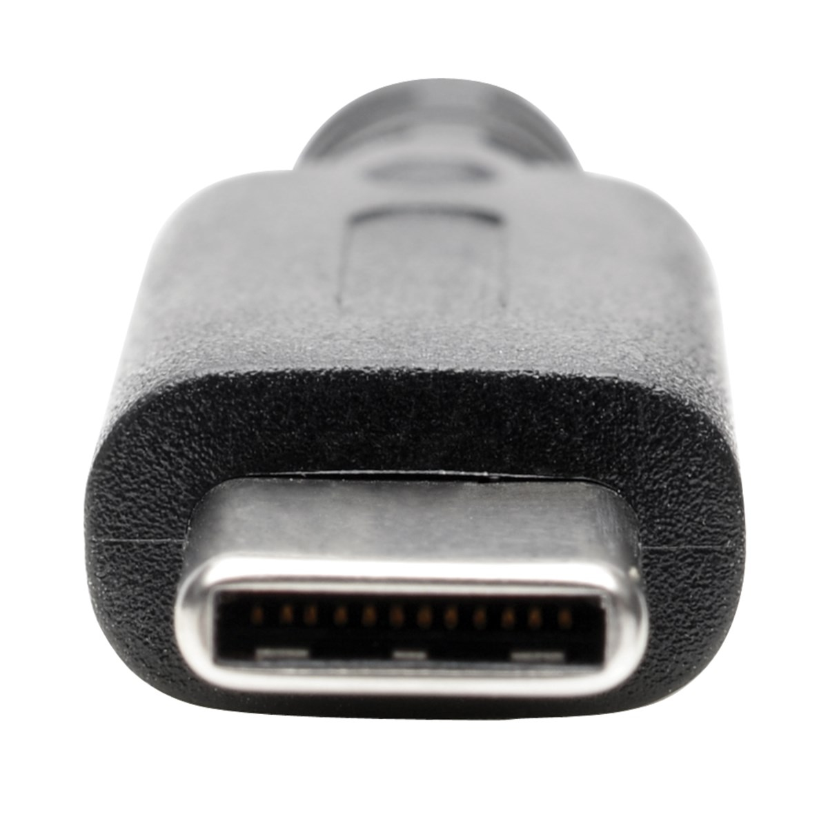 Zbliżenie czarnego złącza USB-C, pokazujące wewnętrzne piny, na białym tle.