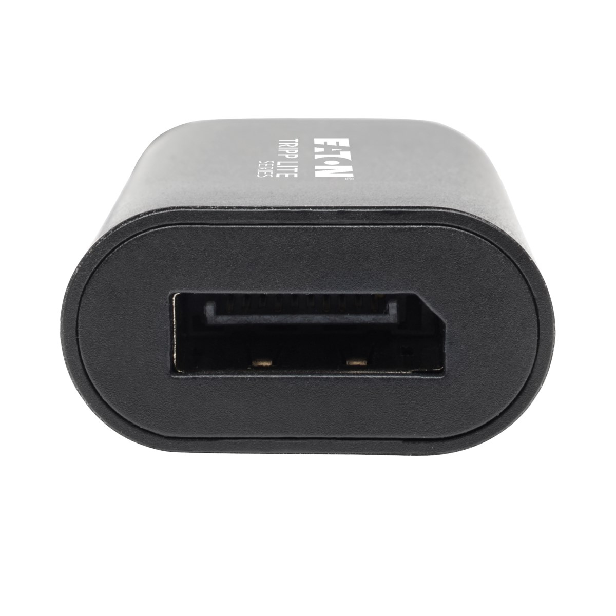 Czarny adapter Eaton Triple Play z portem DisplayPort. Białe tło.