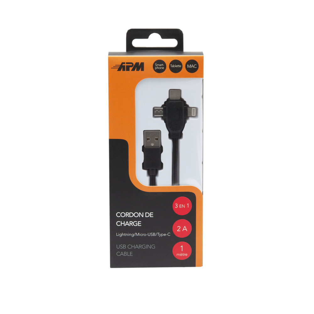 3-in-1-Ladekabel in einer Box. Schwarzes Kabel mit USB-, Lightning-, Micro-USB- und Typ-C-Anschlüssen.