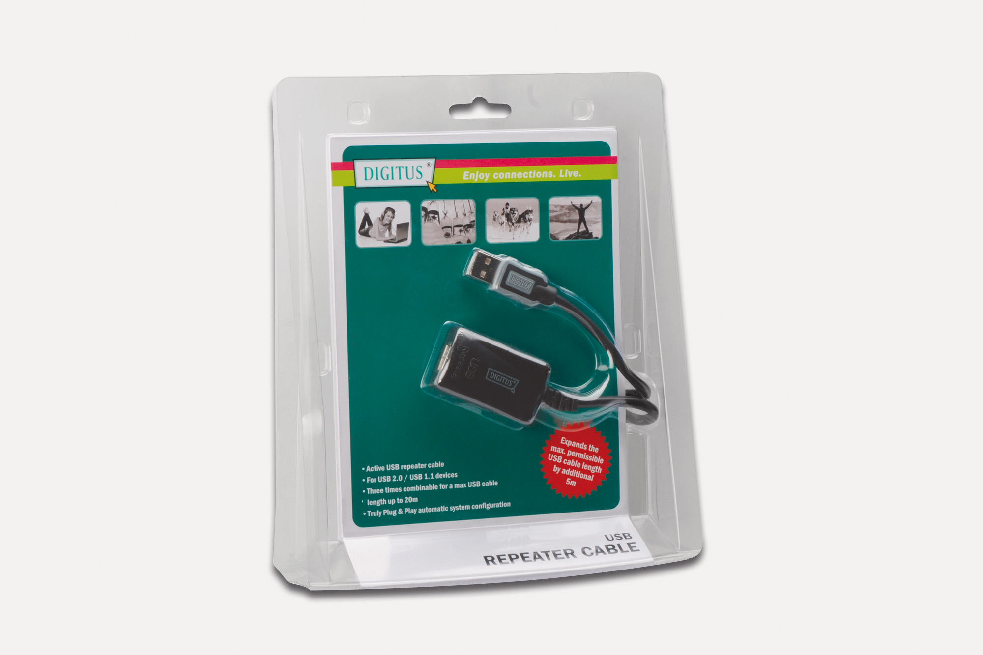 Kabel rozszerzający USB w opakowaniu. Opakowanie to przezroczysty blister z tworzywa sztucznego.