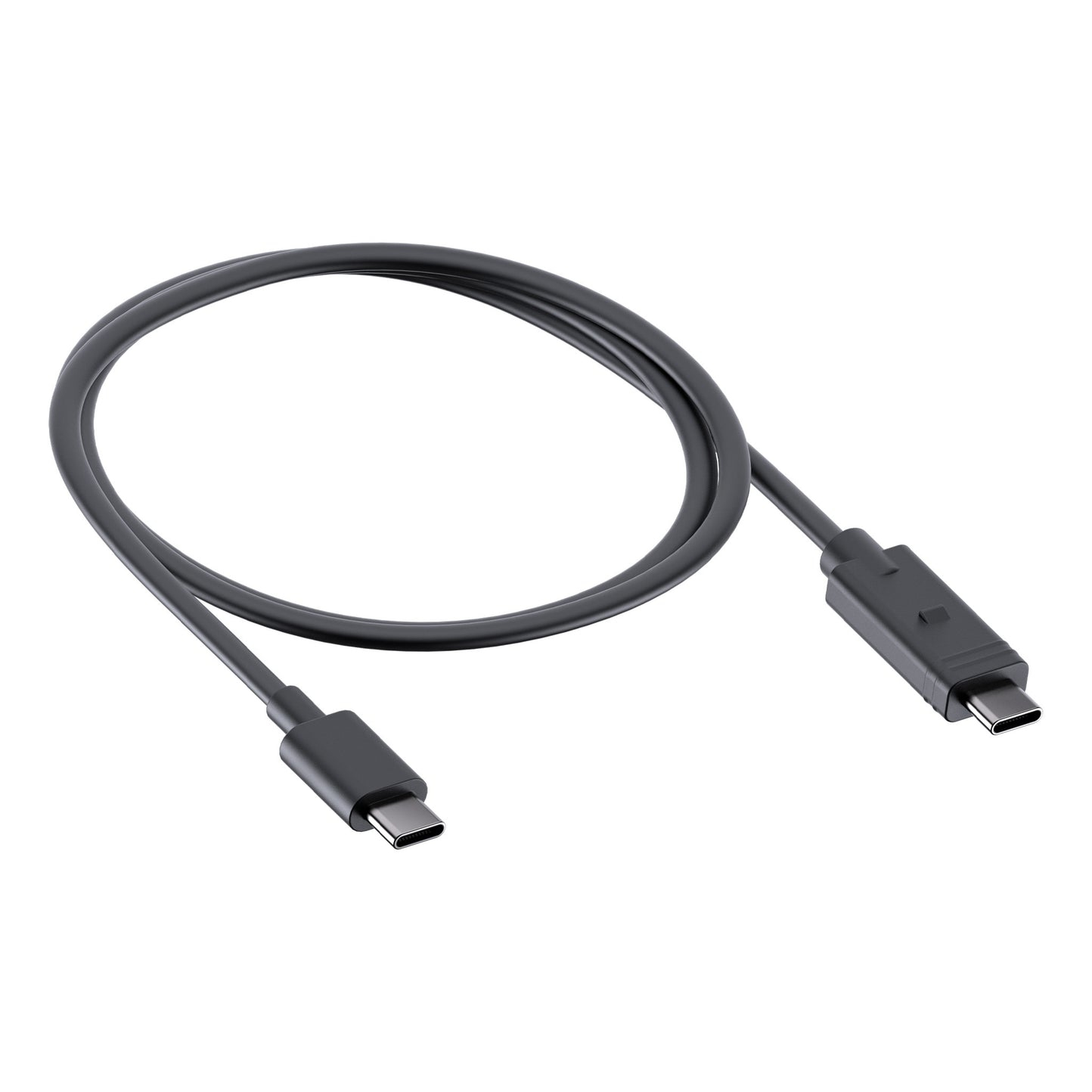 Cavo USB-C nero. Entrambe le estremità hanno connettori USB-C.