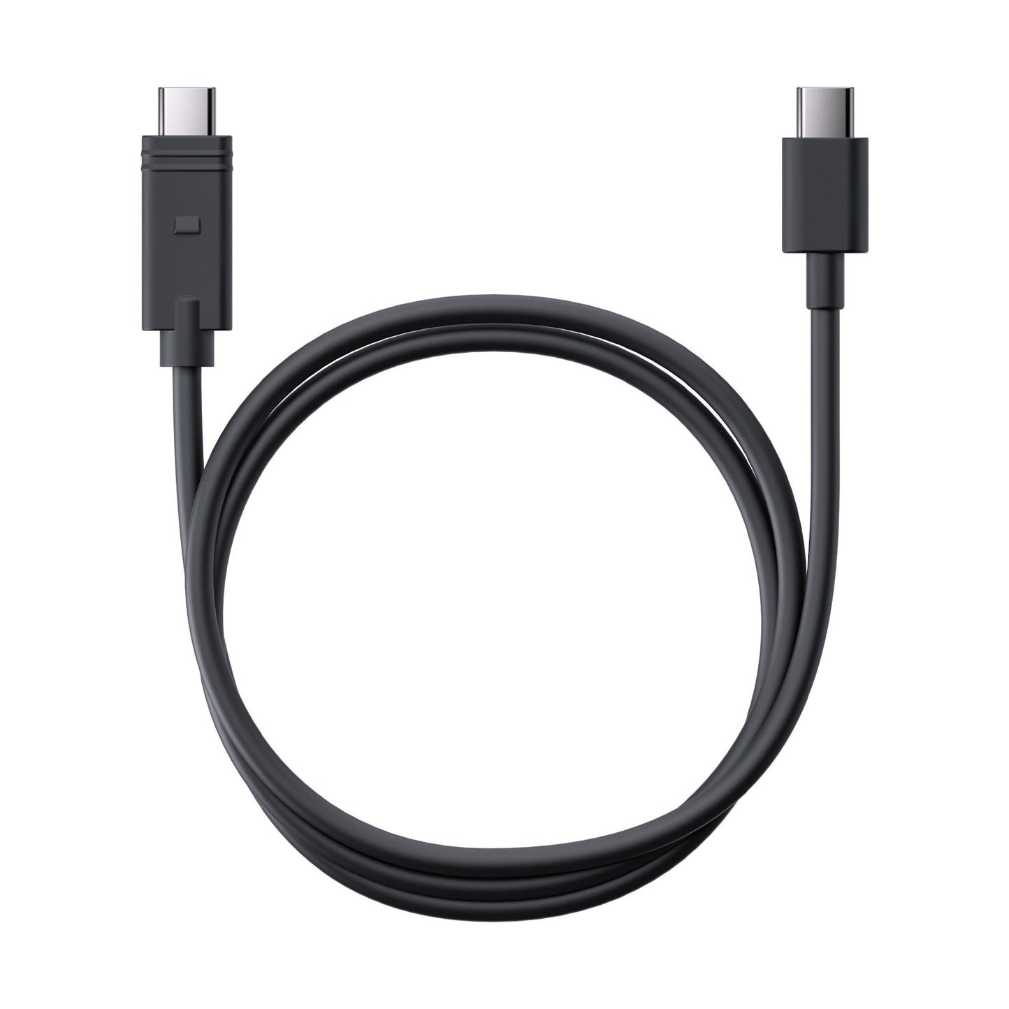 Un cavo USB-C nero, arrotolato su una superficie bianca. Entrambe le estremità sono visibili.