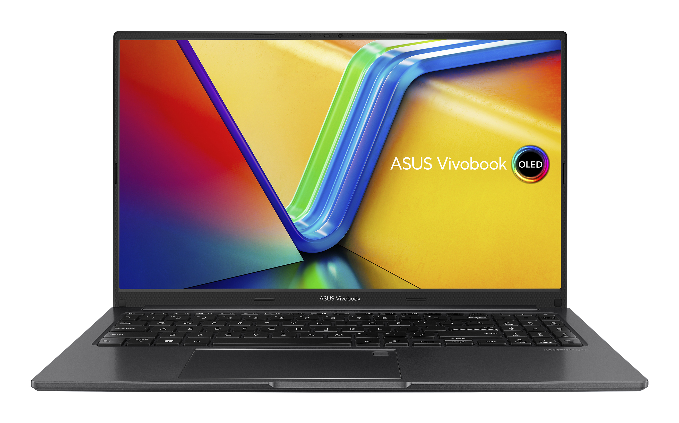 Ciemnoszary laptop ASUS Vivobook otwarty. Ekran pokazuje kolorowy wyświetlacz. Czarna klawiatura. Białe tło.