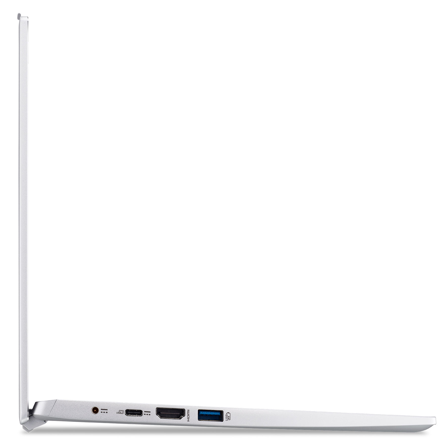 Zilveren laptop zijaanzicht, dun ontwerp, poorten zichtbaar, witte achtergrond.