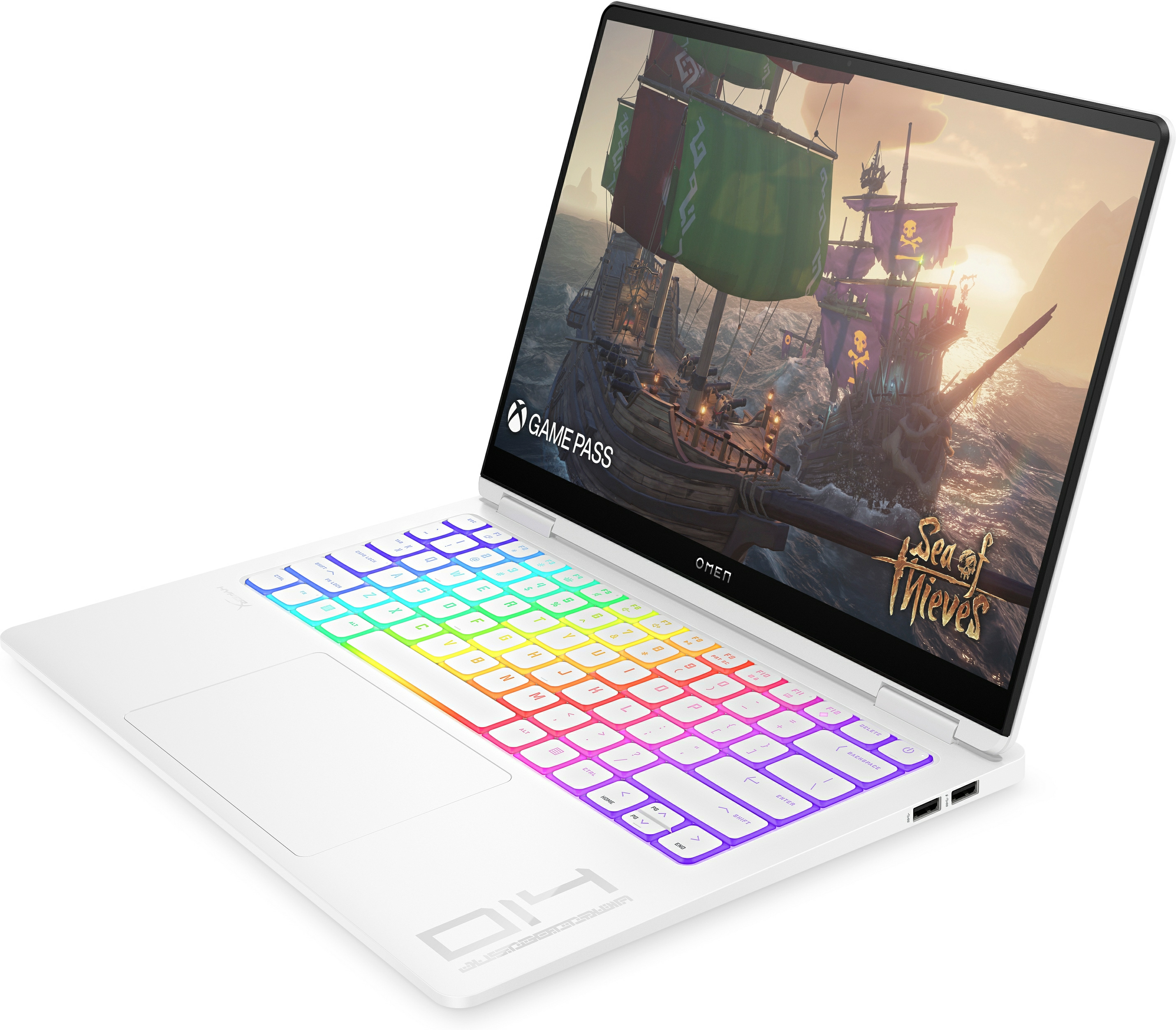 Portátil OMEN blanco, abierto, mostrando teclado iluminado y pantalla de juego.
