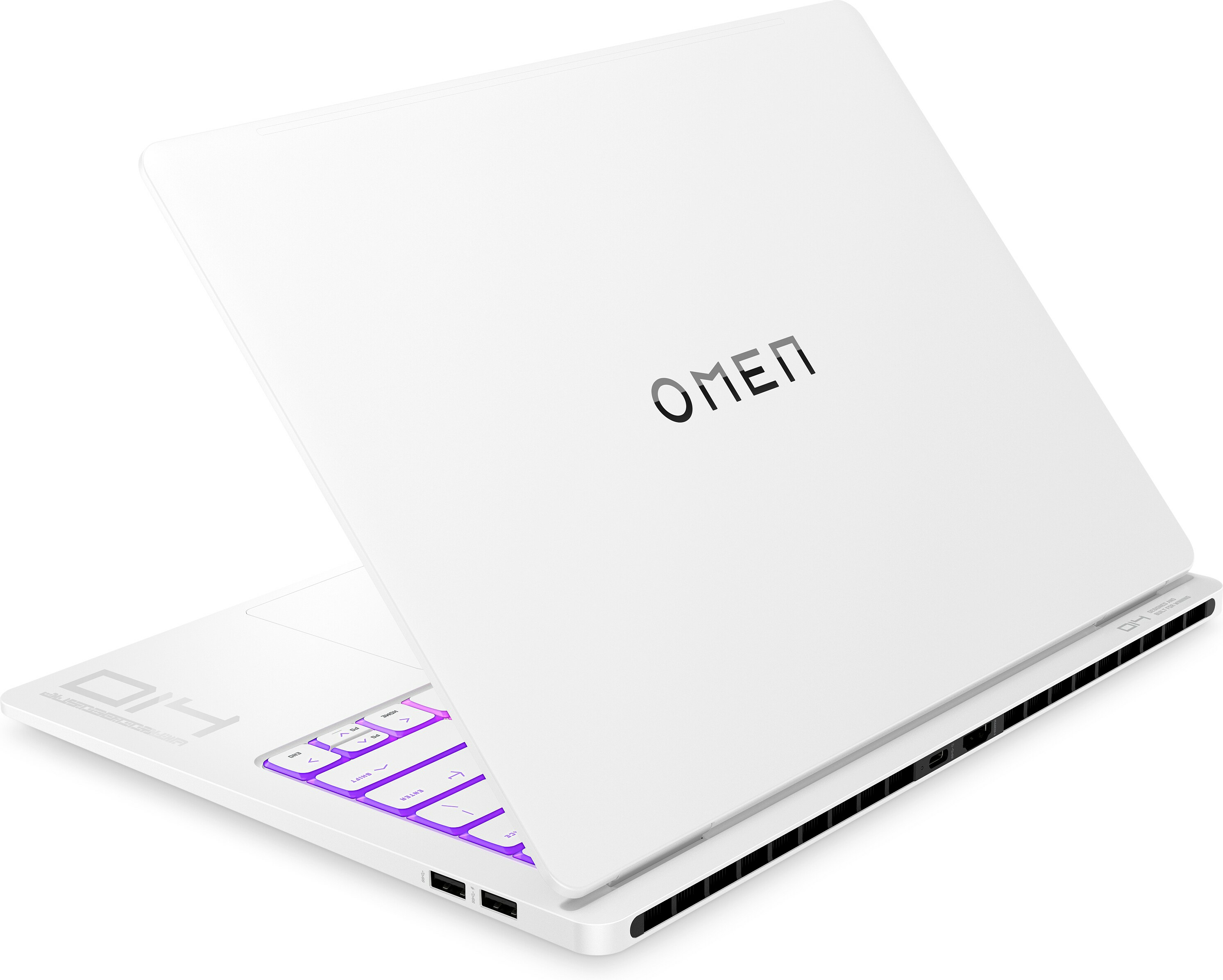 Portátil OMEN blanco, abierto, mostrando teclado iluminado y juego.