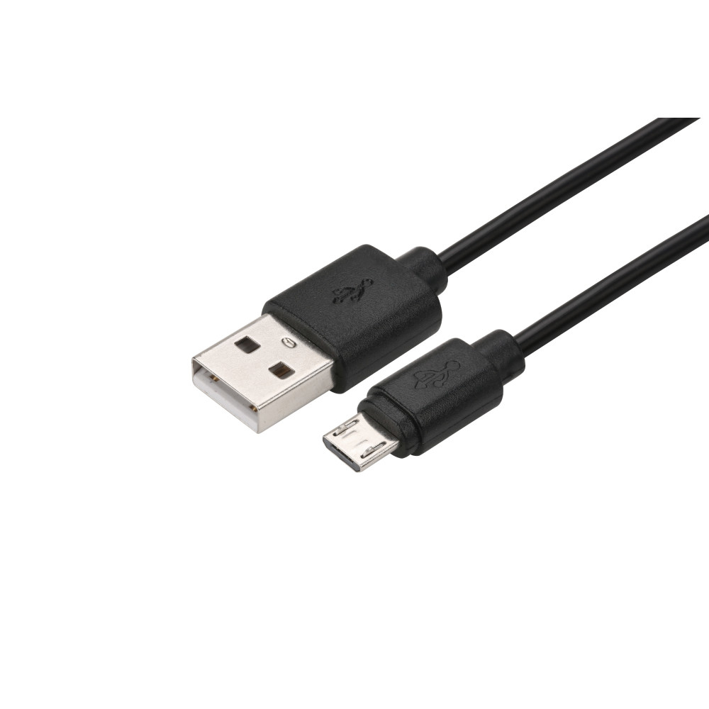 Cavo USB nero. Un'estremità è USB standard, l'altra è micro-USB.