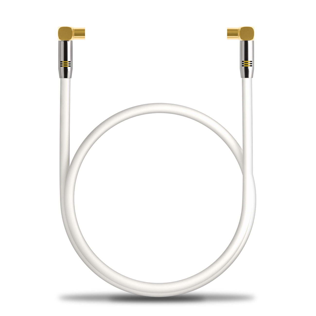 Un cavo bianco piegato a forma di U con connettori color oro.