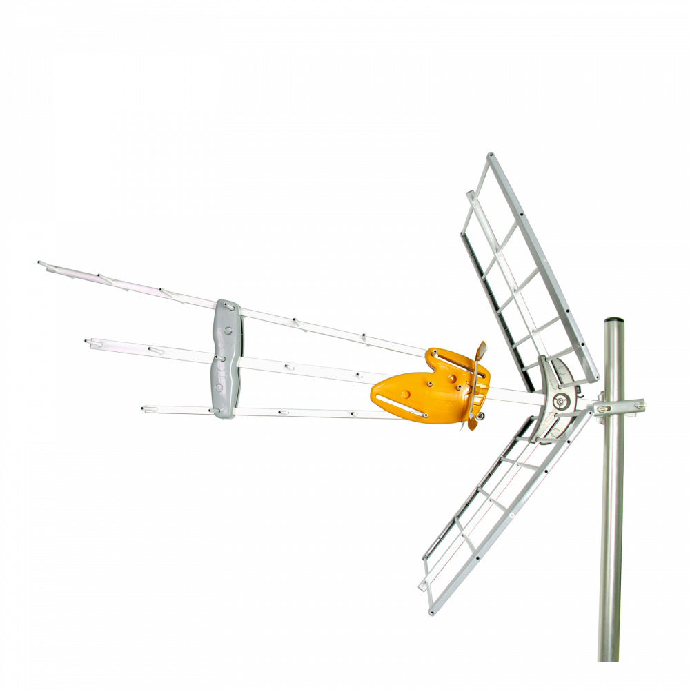 Outdoor-TV-Antenne mit gelber Mitte. Weißer Hintergrund.