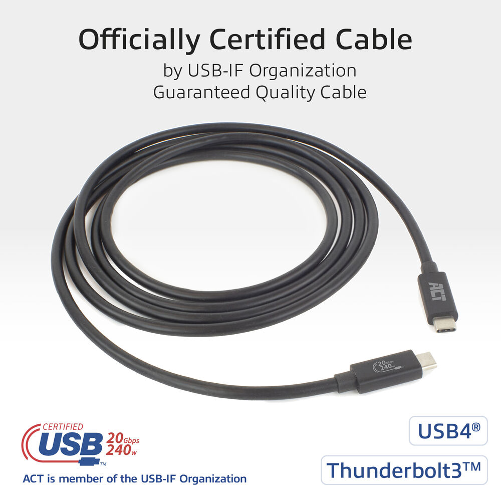 Een zwarte USB-C-kabel is opgerold op een wit oppervlak. De kabel heeft zwarte connectoren met witte tekst.