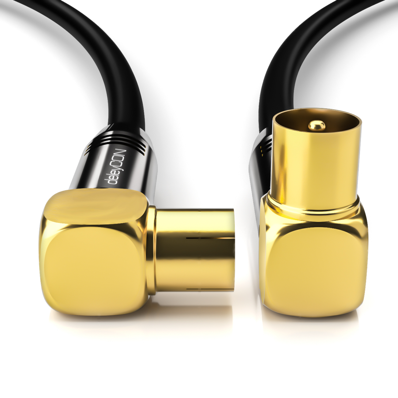 Dos extremos de cable coaxial negro con conectores dorados.