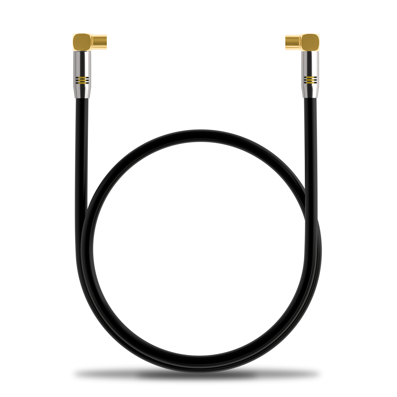 Cable negro en forma circular con conectores dorados en cada extremo. Fondo blanco. Los conectores son dorados.