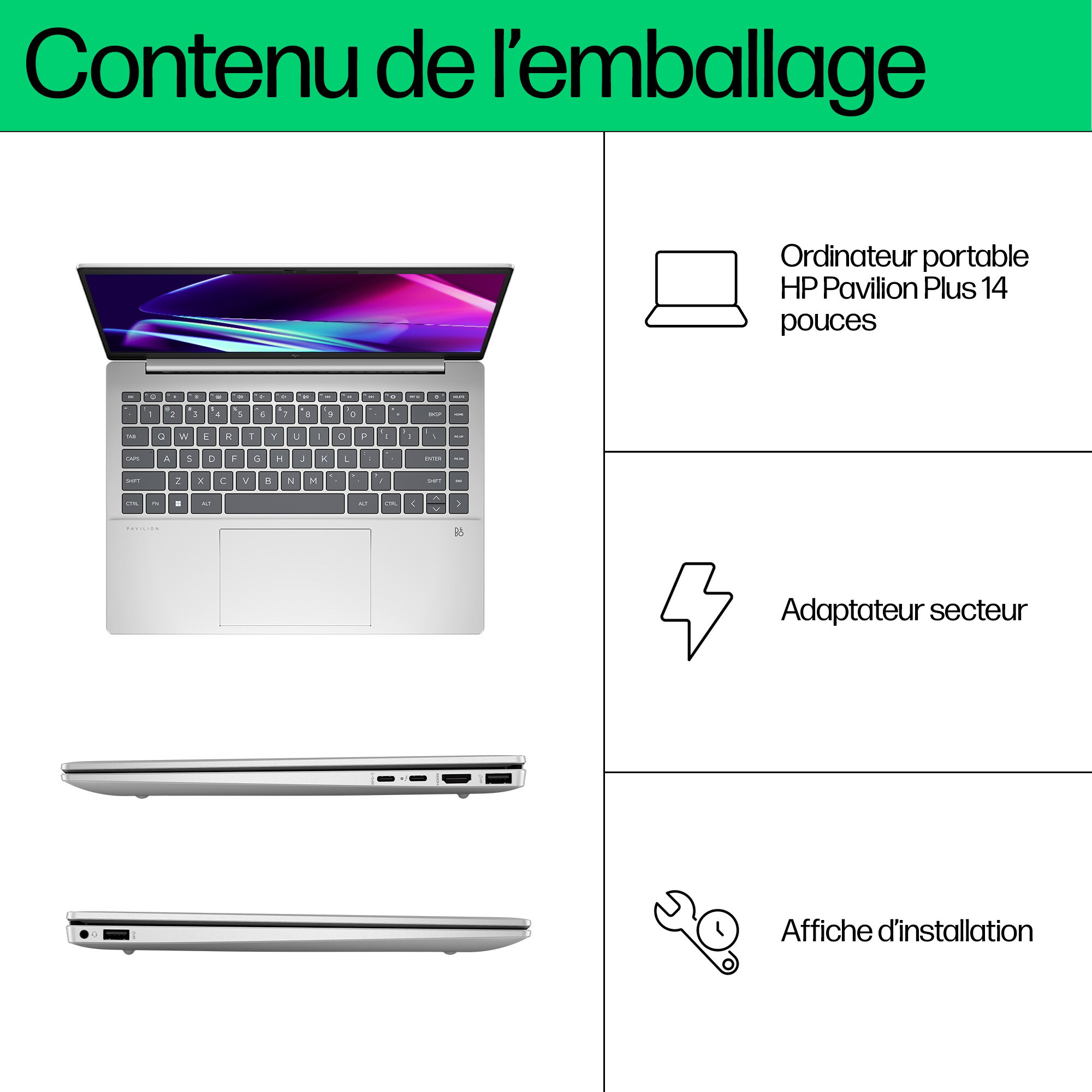Das Bild zeigt den Inhalt einer Verpackung. Ein Laptop, ein Netzteil und eine Installationsanleitung sind sichtbar.
