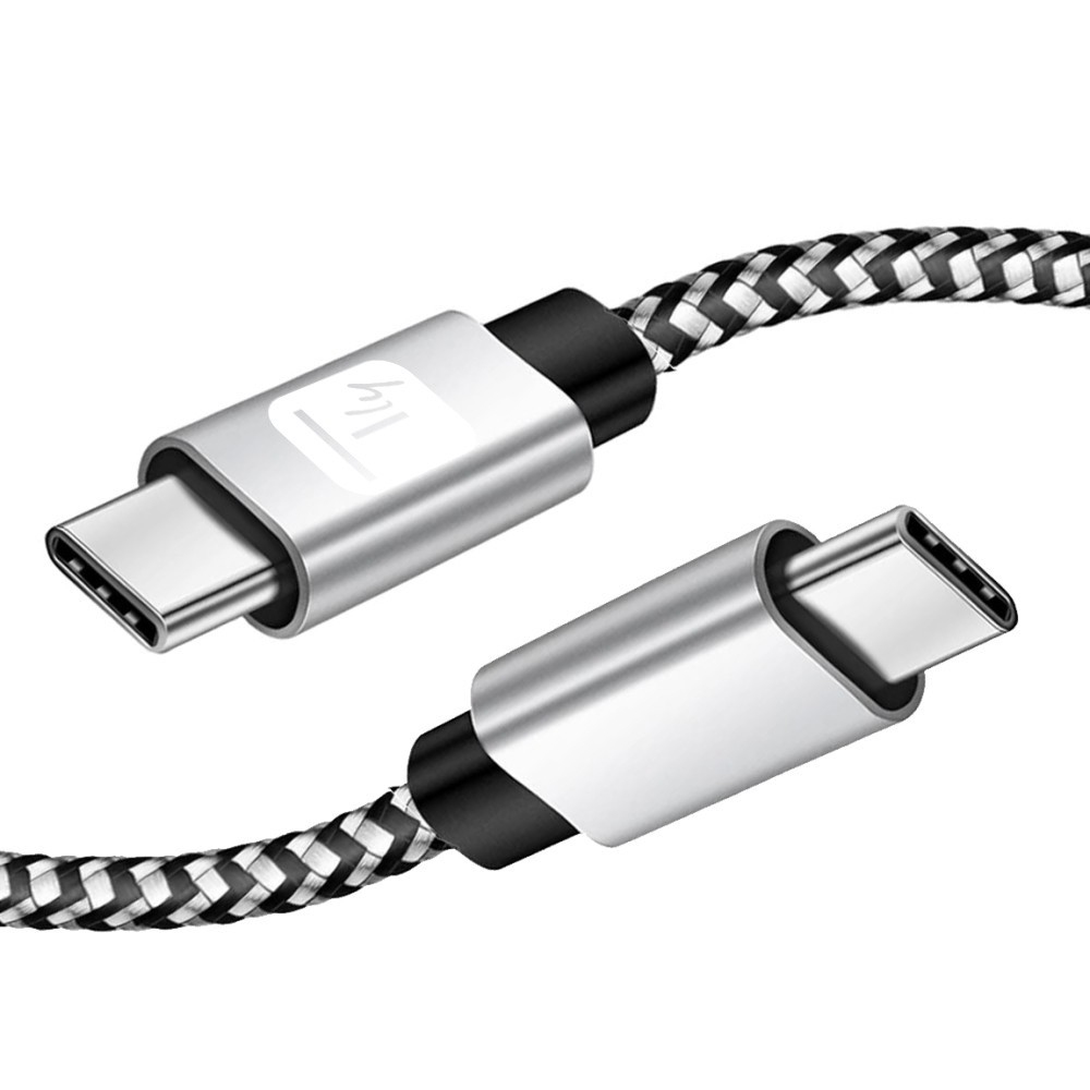 Dwa kable USB-C, srebrne złącza z czarnymi detalami, na białym tle.