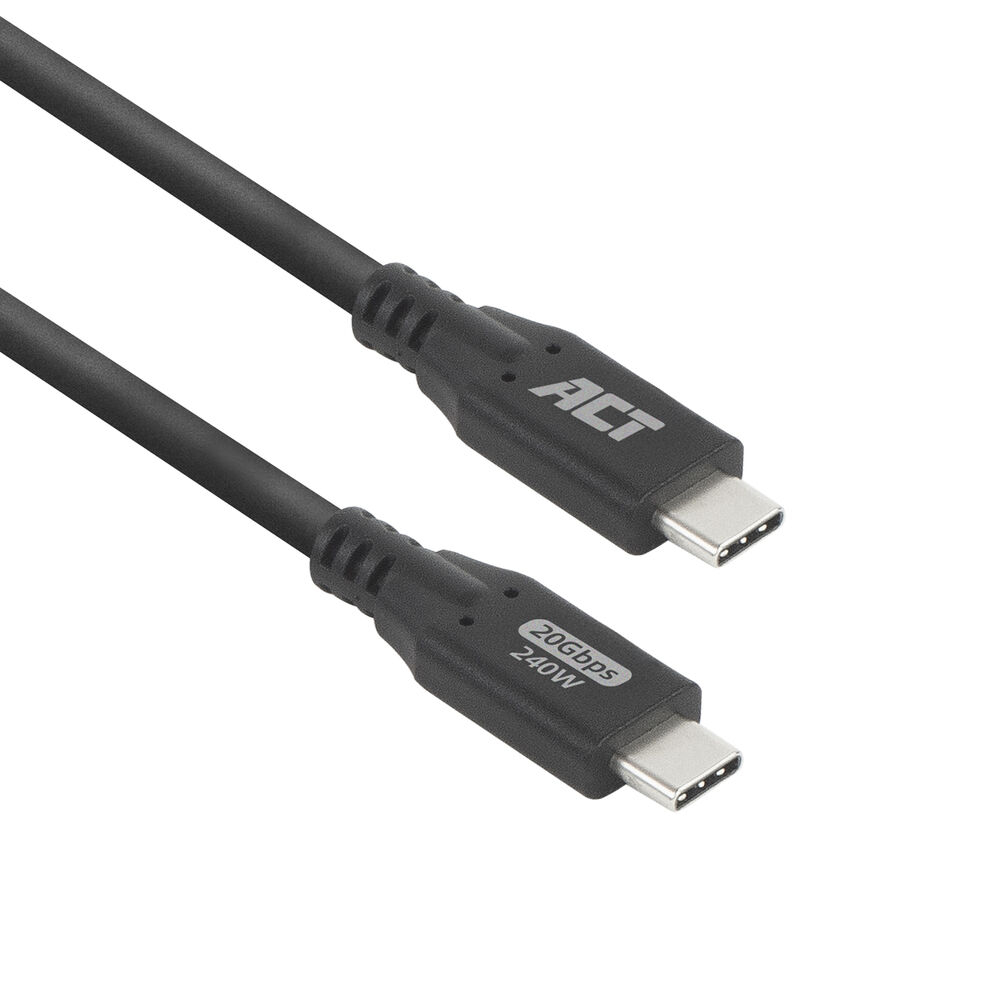 Czarny kabel USB-C z dwoma złączami USB-C. Oznaczony 'ACT' i '20Gbps 240W'.