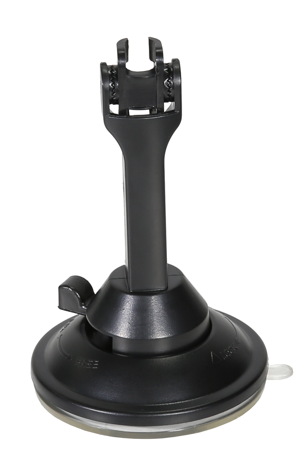 Czarny uchwyt samochodowy z przyssawką. Ma regulowane ramię i uchwyt na telefon.