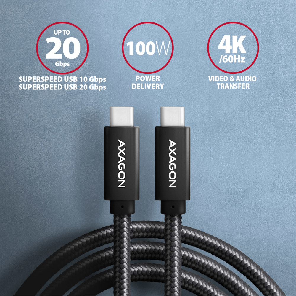 Câbles USB-C noirs avec étiquettes AXAGON. Graphiques montrant 20 Gbit/s, 100 W et transfert vidéo 4K.