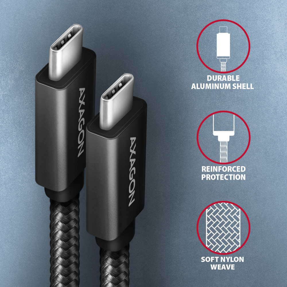 Deux câbles USB-C noirs avec connecteurs argentés. Texte et graphiques à droite.