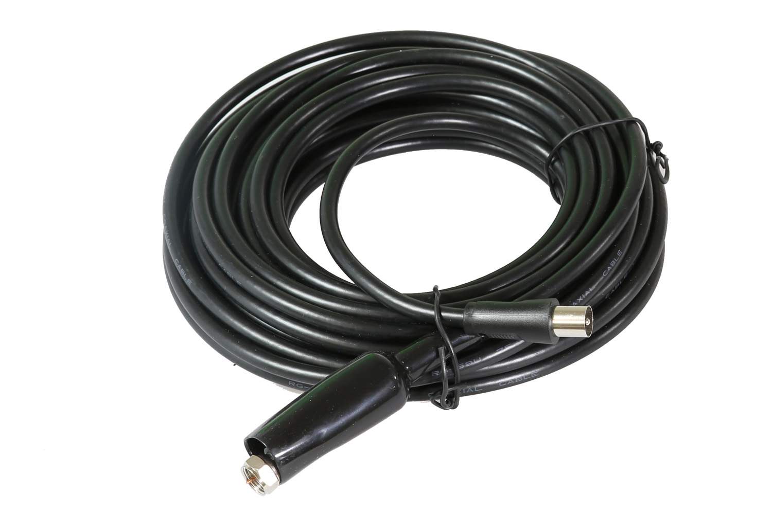 Zwinięty czarny kabel z wtykami męskimi i żeńskimi.